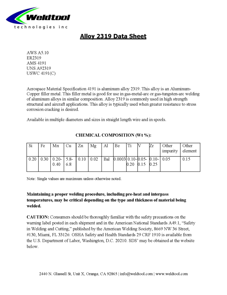 alloy 2319, ams 4191 aluminum data sheet