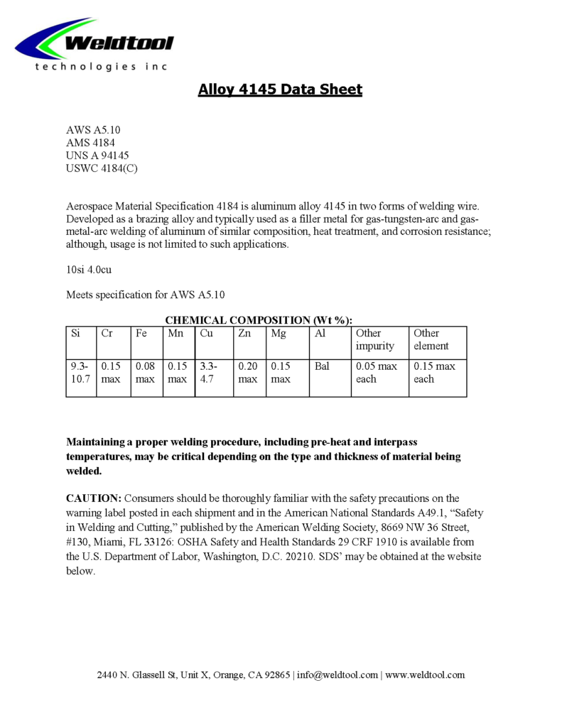 ams 4184, aluminum alloy 4145 data sheet