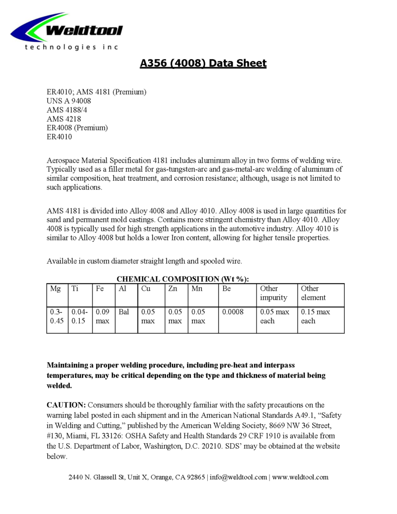 Aluminum A356, ER4008, AMS 4181 data sheet