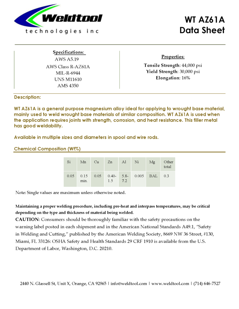 WT AZ61A magnesium data sheet