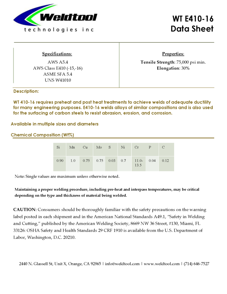 WT 410-16 stainless steel data sheet