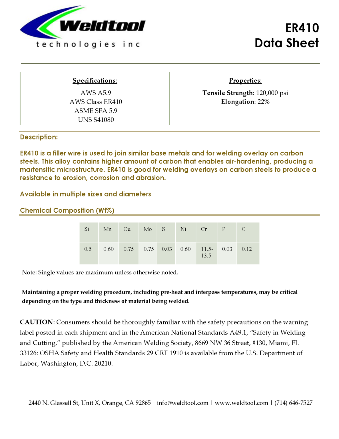 Er410 ER410 - Stainless Steel Welding Alloy | Weldtool Technologies