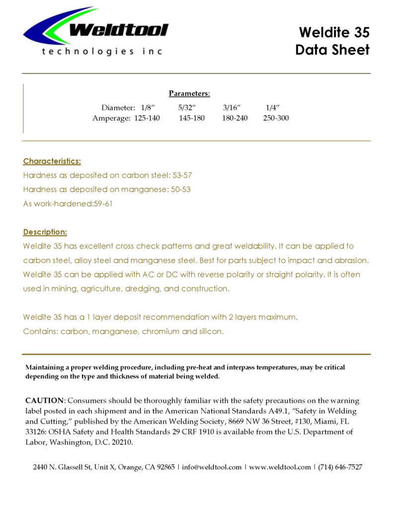 Weldite 35 hardfacing electrode data sheet