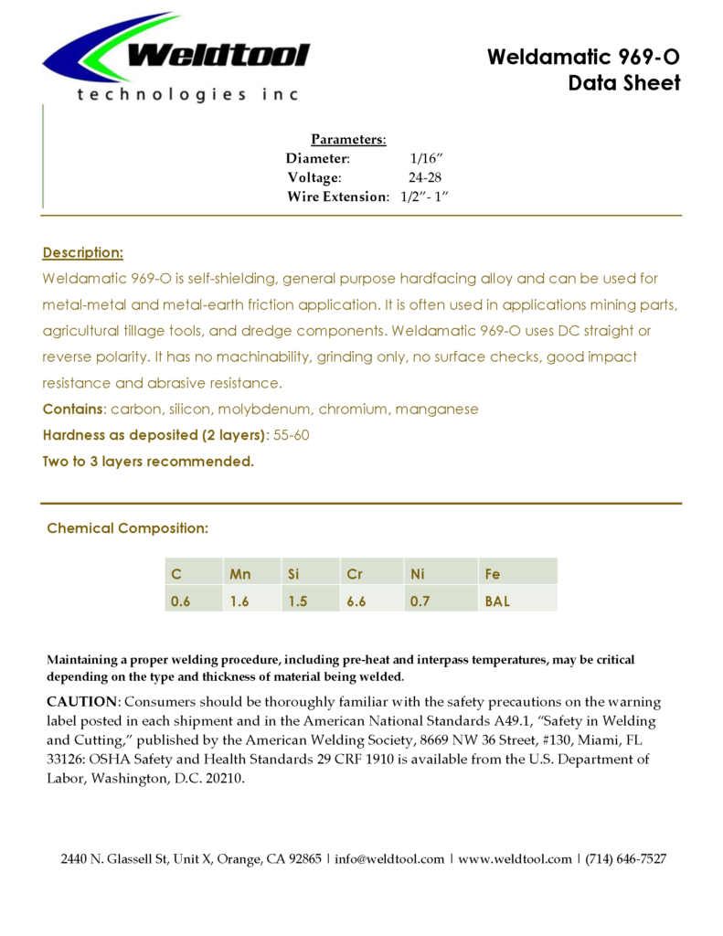 Weldamatic 969-o hardfacing wire data sheet