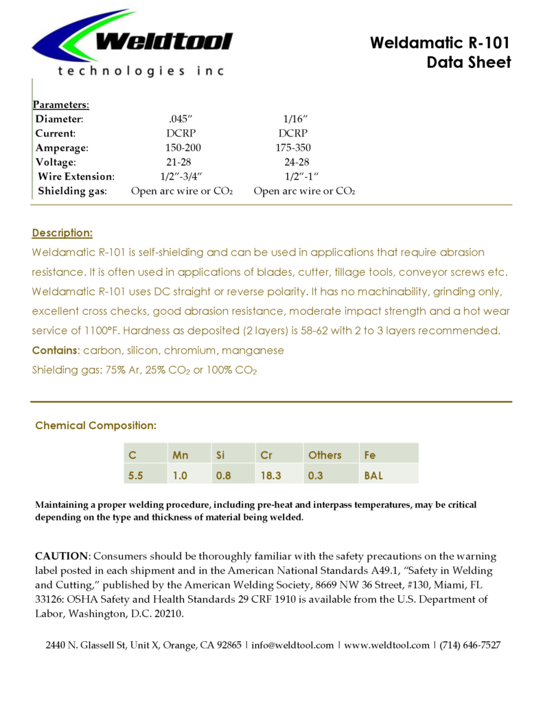 Weldamatic r-101 hardfacing wire data sheet