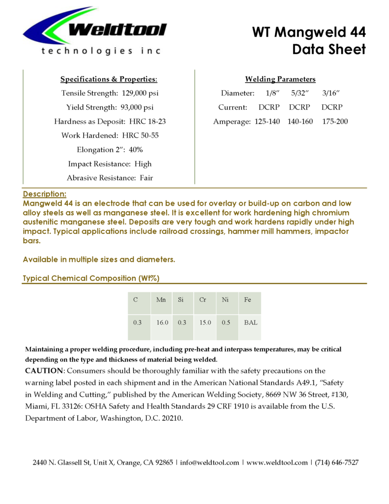 Mangweld 44 hardfacing wire or electrode data sheet