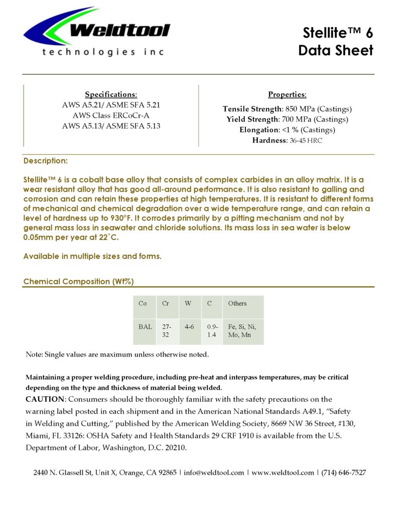 stellite 6 cobalt datasheet