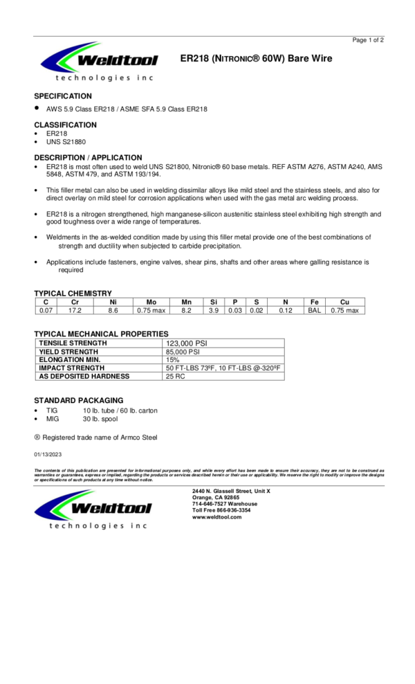 Nitronic® 60W - ER218 - Stainless Steel Data Sheet | Weldtool Technologies